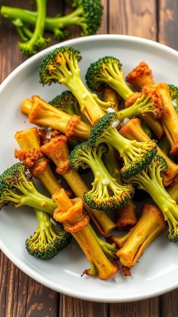 Crispy air fryer broccoli stalks on a plate, garnished with salt, on a rustic wooden table.